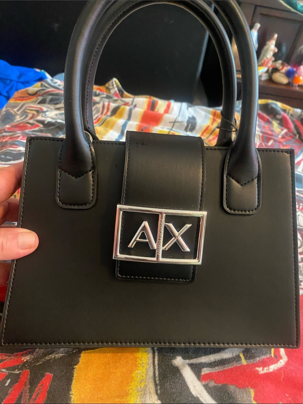 Armani Exchange Black Leather Satchel with Silver A|X Logo